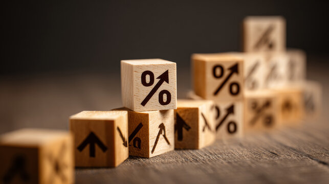 Business and finance concept. Economic and business analysis, risk management. Interest rate, stocks, financial, ranking, mortgage and loan rates. Wooden cubes with percent, up or down arrow icons.