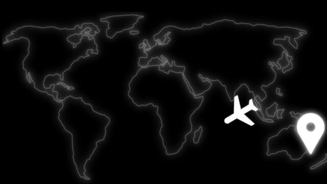 Minimalist world map with airplane and location pin animation