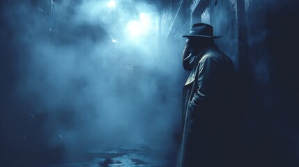 Naklejka premium A figure in a hat and trench coat stands in a foggy alleyway, shrouded in shadows with a mysterious light in the distance