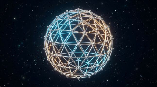 Futuristic metallic geodesic sphere with blue and orange lighting floating in a starry space background representing global connectivity and advanced technology.