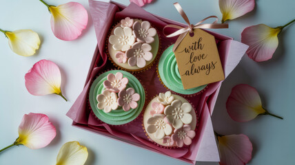 Naklejka premium Deliciously decorated cupcakes with floral icing presented in a gift box ready for celebration