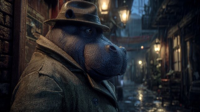 A hippo detective, cloaked, in a noir-styled, rainy alley, lit by gas lamps