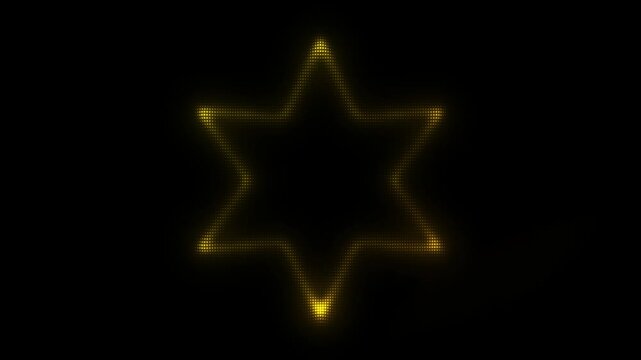 Golden Six-Pointed Star Frame With Scanner Effect Animation, Digital Dot Particles on Dark Background, Golden Scanning Dot Grid Geometric Shape, 4K Seamless Loop