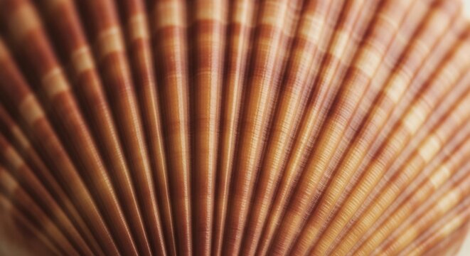 Close up of a textured brown scallop shell showing intricate patterns.