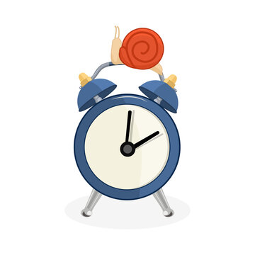 Blue alarm clock with red snail on top on white background. Slow living, mindfulness or time management concept. Stylized alarm clock and slow snail on handle. Work life balance, patience icon. Vector