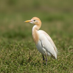 Fototapeta premium Cattle Egret Standing Proudly in Lush Green Field.