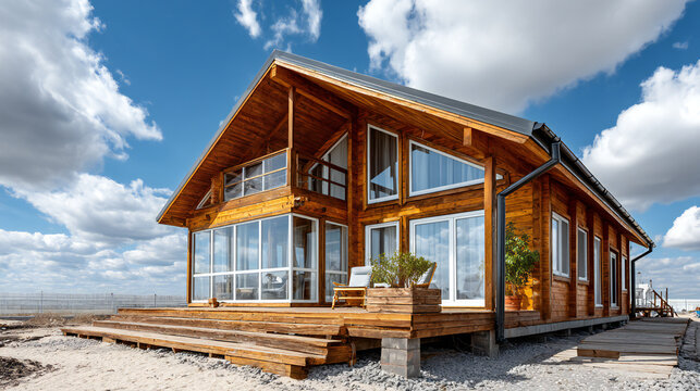 Modern wooden house under construction with glass walls, deck terrace and blue sky background. Contemporary eco home project showcasing sustainable architecture, luxury residential building and custom