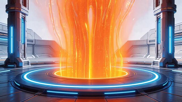 Futuristic room with glowing portal