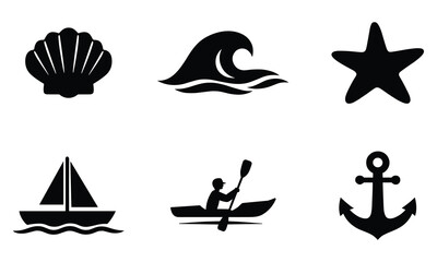 Obraz premium Set of black sea icons isolated on white background perfect for ocean theme designs.