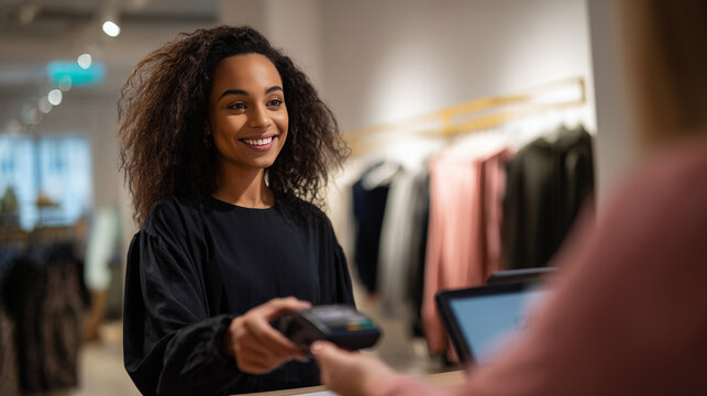 Friendly female boutique cashier handing receipt and payment terminal to customer at fashion store counter, modern retail shopping experience, smiling sales assistant, clothing rac