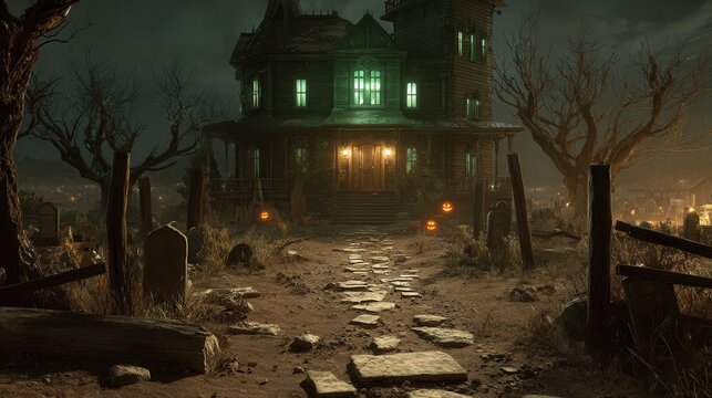 Gothic Victorian house, green windows, warm porch lights, desolate cemetery, weathered tombstones, bare trees, dark cloudy sky. Stone path with jack o lanterns. Eerie, suspenseful Halloween mood, dra