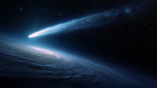 Bright comet sweeping above spiral galaxy in deep space, cinematic cosmic scene with luminous tail, glowing stellar motion, dramatic astronomy background, interstellar scale, elega