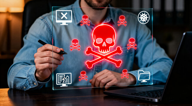 IT Professional Analyzing and Managing a Major Cybersecurity Data Breach Alert with Glowing Red Skull Icons on a Futuristic Holographic Display at an Office Desk with a Laptop
