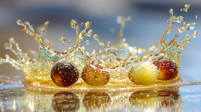 Fresh grapes falling into golden fruit juice with refreshing liquid