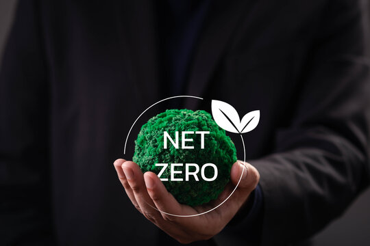 Close-up of a hand holding a green sphere with net zero symbol, representing carbon neutrality, climate action, sustainable business strategy, environmental responsibility, global sustainability goals
