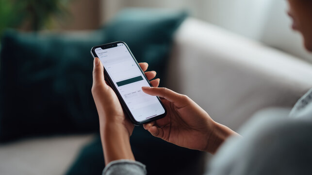 Person using smartphone for online shopping or mobile payment at home, ecommerce app interface on screen, digital purchase, modern consumer lifestyle, technology, secure checkout a
