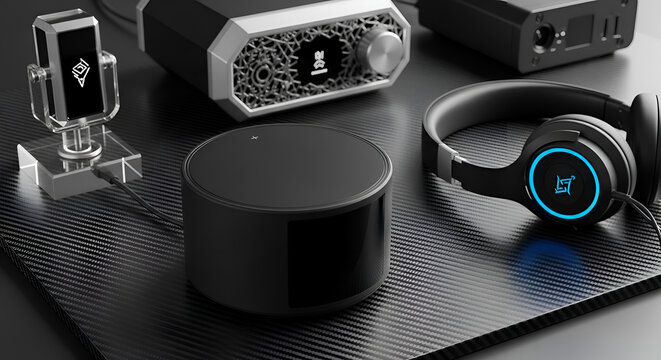 Black electronic devices on table top.