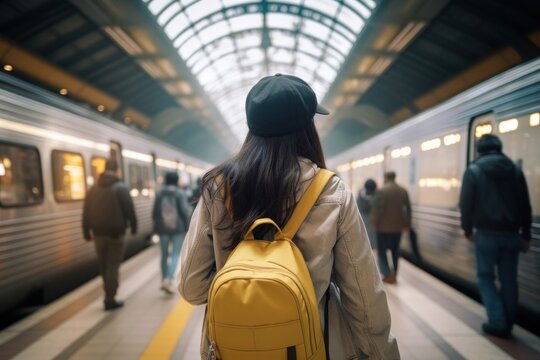 Happy hong konger woman train backpack station.