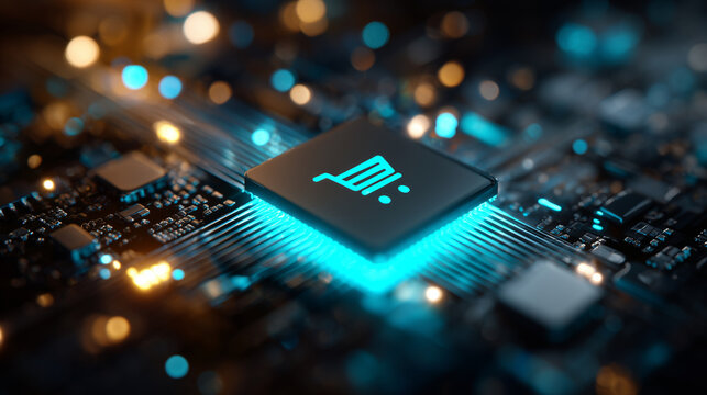 Digital commerce processor with shopping cart symbol on illuminated motherboard, futuristic fintech and online retail concept, smart payment hardware, connected marketplace technol