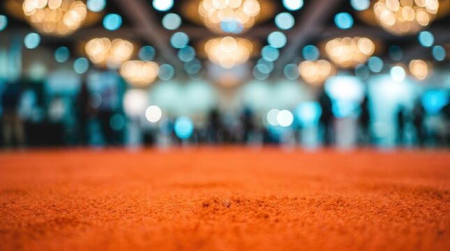 Red carpet at luxury gala event with blurred crowd and bokeh lights in ballroom. Exclusive celebrity awards ceremony background for entertainment and media coverage.