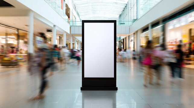 Blank vertical billboard mockup in modern shopping mall interior with motion blurred crowd, advertising display stand, empty poster frame for branding, retail marketing space, comm