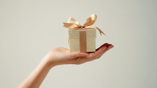 Gift box on a woman's hand isolated