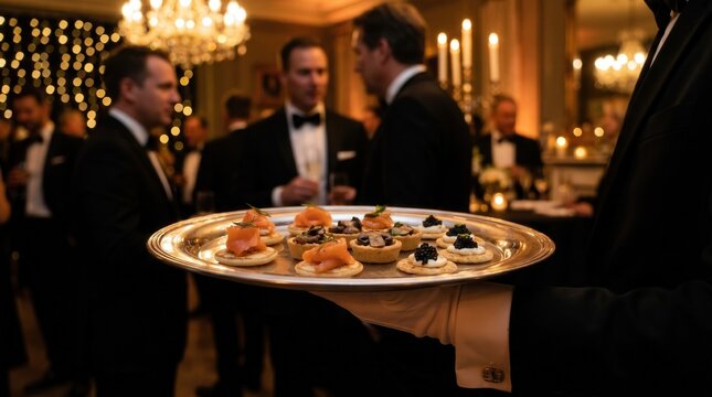 Waiter serving gourmet appetizers on silver tray at luxury black tie gala. Upscale catering and hospitality service for formal corporate events.