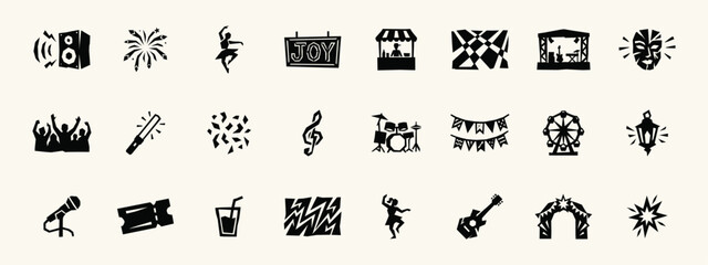 Naklejka premium Music Festival and Carnival Icon Set in Linocut Style
