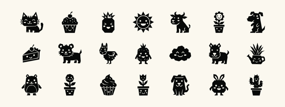 Kawaii Geometric Pixel Art Animal and Food Icons Set
