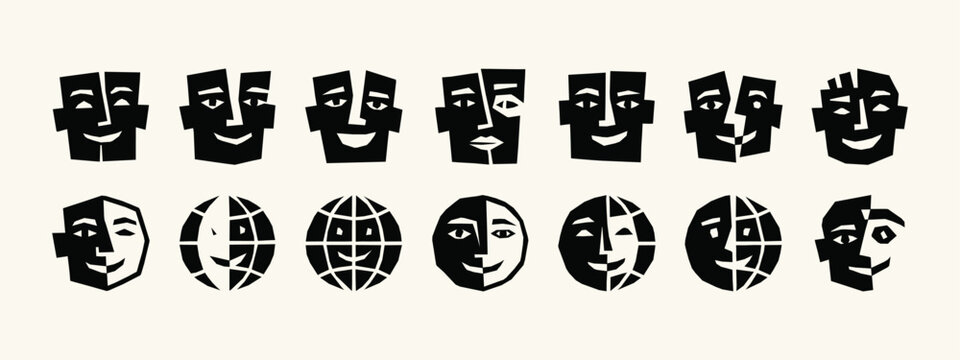 Abstract Geometric Human Face and World Globe Icons Set