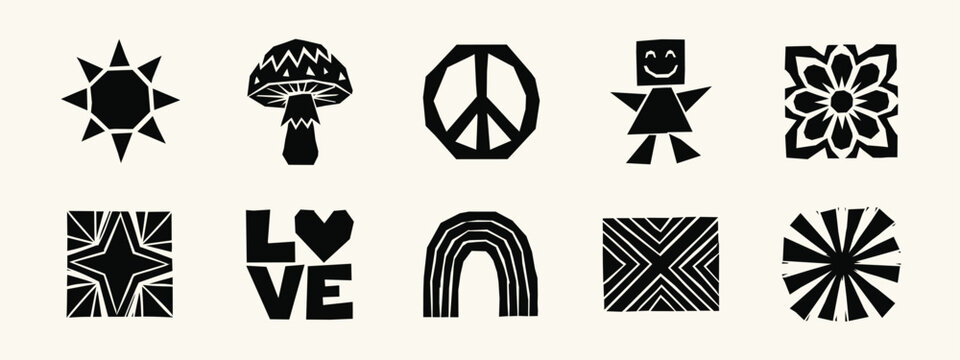 Collection of Retro Geometric Folk Art Icons and Symbols