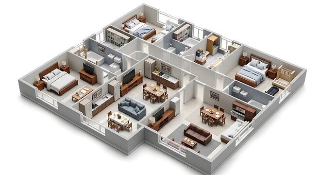 3d isometric floor plan of a modern twobedroom apartment