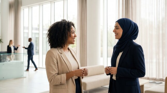 Diverse professional women talking in a modern office lobby. Business inclusion and networking concept with Black and Muslim female colleagues.