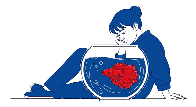 Person sitting, watching red betta fish in a bowl