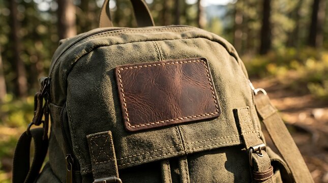 Blank Brown Leather Patch Label Mockup on Green Canvas Backpack in Outdoor Forest Setting &ndash; Adventure Outdoor Brand Identity Asset