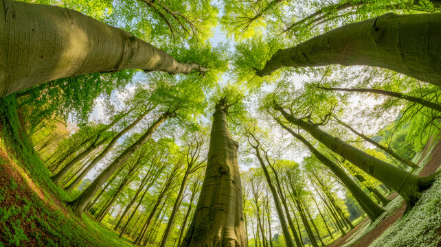 Large deciduous trees with lush green leaves reach upward toward the bright sky in this detailed low angle fisheye perspective