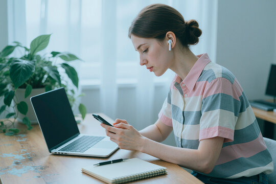 Young adult Caucasian woman checking smartphone while working beside laptop, wearing earbuds for remote communication. Useful for remote work, productivity, digital lifestyle