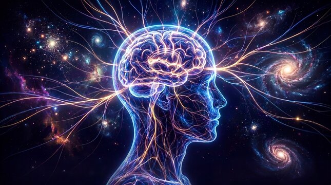 A glowing human brain with neural connections intertwines with a cosmic backdrop of galaxies, symbolizing the universe within the mind.