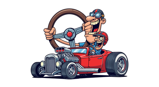 Excited cartoon characters joyfully drive a hot rod car