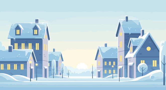 Cozy winter town landscape with snowy houses and glowing windows at sunset.