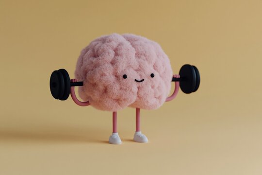 Cartoon brain character lifting dumbbells in studio
