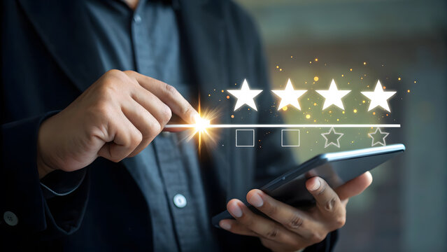 Person giving five star rating on tablet screen for customer satisfaction and feedback use.