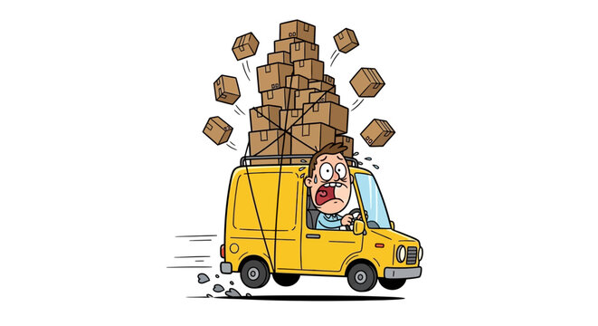 Stressed delivery driver with an overloaded van and falling boxes.