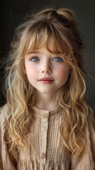 Fototapeta premium Young girl with bright blue eyes gazes softly at viewer. Golden, wavy hair frames her face gently. Soft lighting highlights her natural beauty and calm expression. Perfect for advertising