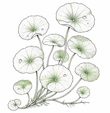 Pennywort Plant Illustration: A detailed illustration of pennywort plants, with their round, vibrant leaves and delicate stems, showcasing nature's intricate design.