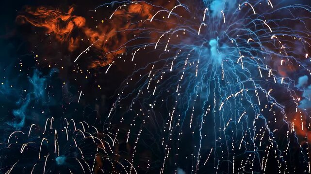 Bright colorful fireworks display in night sky. Pyrotechnic spectacle for celebration. Explosive light patterns during holiday festival and New Year event show.