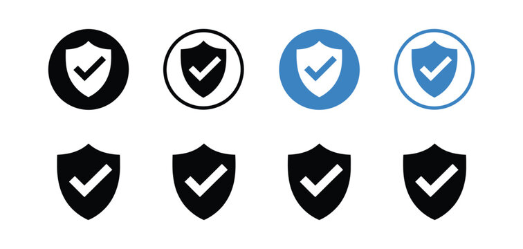Security shield icons with check mark symbols, protection and safety verification concept flat vector design for cybersecurity, data protection, and authentication systems