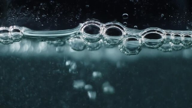 Close up of small bubbles rising through clear water, demonstrating aeration and a refreshing liquid surface