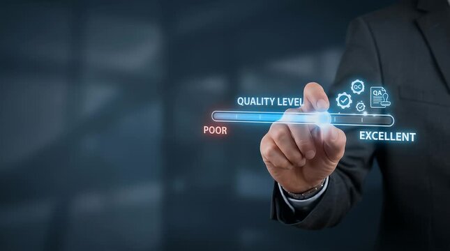 Businessman Touching Quality Level Slider with Holographic Interface