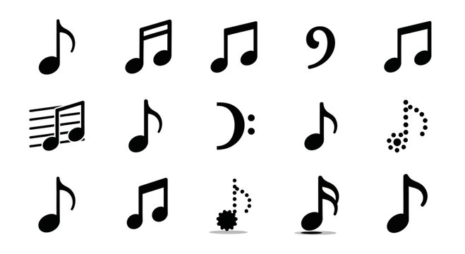 Various music notes and symbols arranged on a plain background